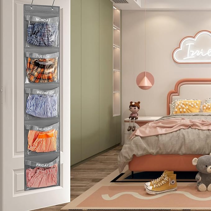 2 Pcs Day of Week Clothing Organizer Monday to Friday School Clothes Organizer for Kids Weekly Hanging Closet Organizer (GREY)-NeatNest