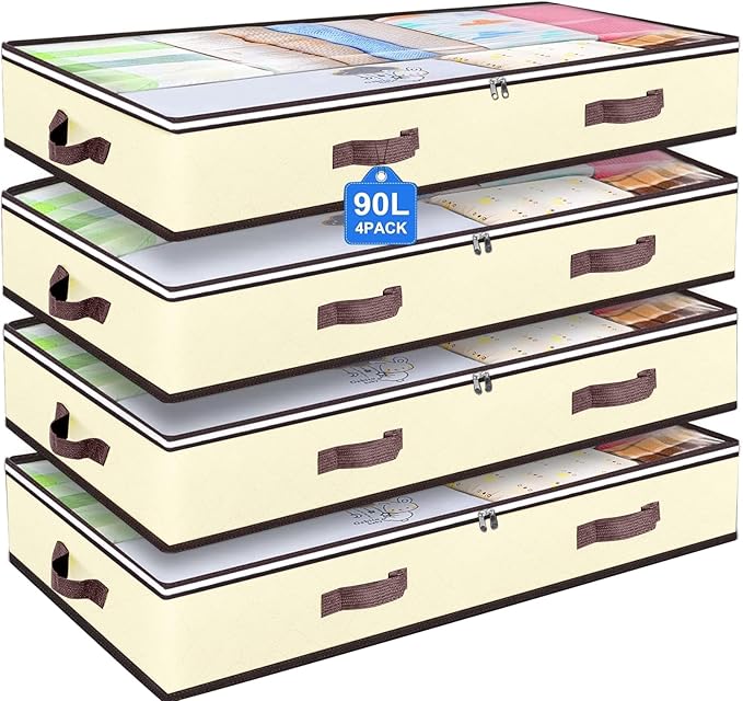 90L Under Bed Storage Containers, Closet Organizers and Storage Bins, Foldable Underbed Storage Bags for Blankets, Towels, Comforter, Sweaters, Pillows, Linen Sheets, Wrapping Paper, 4 Pack Beige-NeatNest