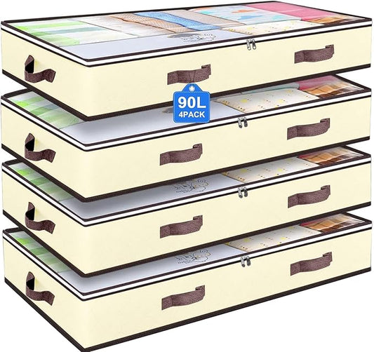 90L Under Bed Storage Containers, Closet Organizers and Storage Bins, Foldable Underbed Storage Bags for Blankets, Towels, Comforter, Sweaters, Pillows, Linen Sheets, Wrapping Paper, 4 Pack Beige-NeatNest
