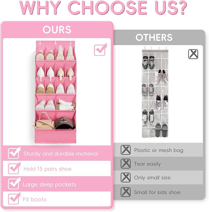 FENTEC 1 Pack Over-the-Door-Shoe-Organizers, Hanging Shoe Organizers with Large Pocket Shoe Holder Hanging Shoe Rack for Closet Shoe Organizer for Wall, Over Door Organizer with 15 Pockets Pink-NeatNest