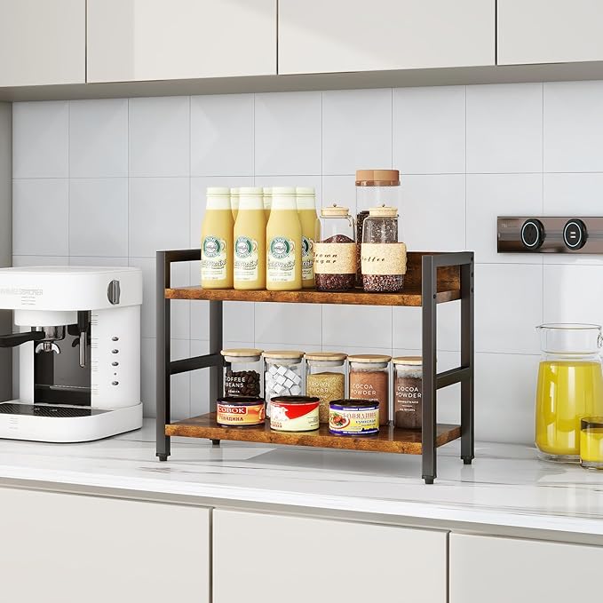 IBUYKE 2-Tier Spice Rack Industrial Counter Shelf Desktop Storage Organizer Standing Seasoning Rack for Countertop Kitchen Office Living Room Desktop Rustic Brown UTLJ002H-NeatNest