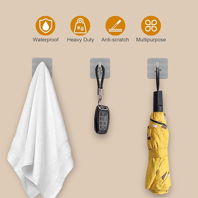 6 Pcs Adhesive Wall Hooks for Hanging - Waterproof Shower Hooks, Heavy Duty Towel Hooks for Bathrooms, Kitchens, and Offices (Silver)
