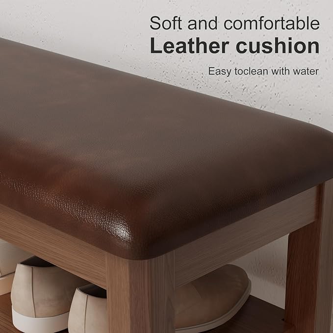 Wood Shoe Rack Bench for Entryway, Shoe Rack for Front Door Entrance with Leather Cushion, 2 Tier Shoe Bench with Shoe Storage for Entryway, Bedroom.-NeatNest