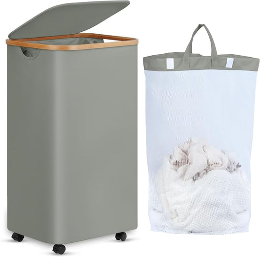 efluky Laundry Basket with Wheels, Tall Rolling Laundry Hamper with Lid and Removable Bag, Aesthetic Dirty Clothes Hamper on Wheels for Laundry Room, Bedroom, Dorm and Bathroom, 100L Grey-NeatNest