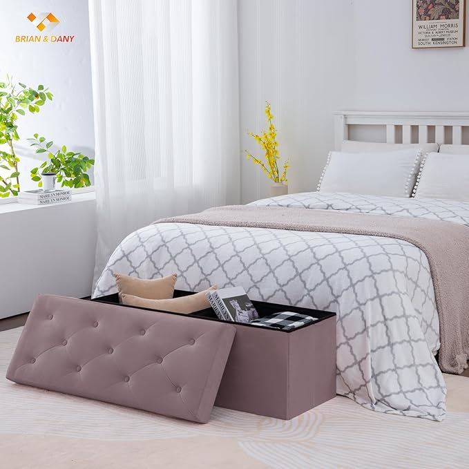 BRIAN & DANY 43 Inches Folding Storage Ottoman Bench, Velvet Ottoman with Storage for Living Room, Long Shoes Bench,Flannelette Footrest Benches Seat (Light Purple)-NeatNest