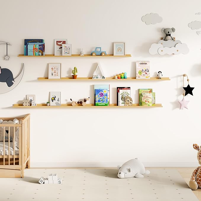 Floating Picture Ledge Shelves for Wall Set of 2, 72 Inches Picture Ledge Shelf with Long Large Nursery Book Shelf for Toys Storage Kids Bookshelf Wall Mounted Living Room Bedroom Decor Frames, Oak-NeatNest
