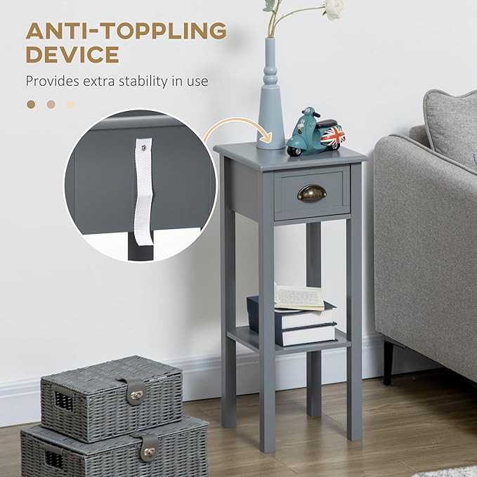 HOMCOM 2-Tier Side Table with Drawer, Narrow End Table with Bottom Shelf, for Living Room, Set of 1, Gray