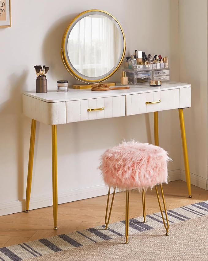 IBUYKE Round Faux Fur Vanity Stool with Storage, Furry Makeup Chair Ottoman, Soft Padded Seat, Round Footrest Footstools with 4 Metal Legs, for Living Room Bedroom Entryway, Pink WBD021P