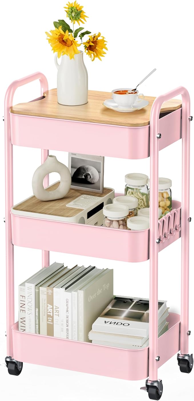 3 Tier Rolling Cart with Table top, Metal Rolling Utility Cart, Sturdy Storage Organizer Cart with Locking Wheels & Hooks for Office, Classroom, Kitchen and Bathroom，Pink-NeatNest