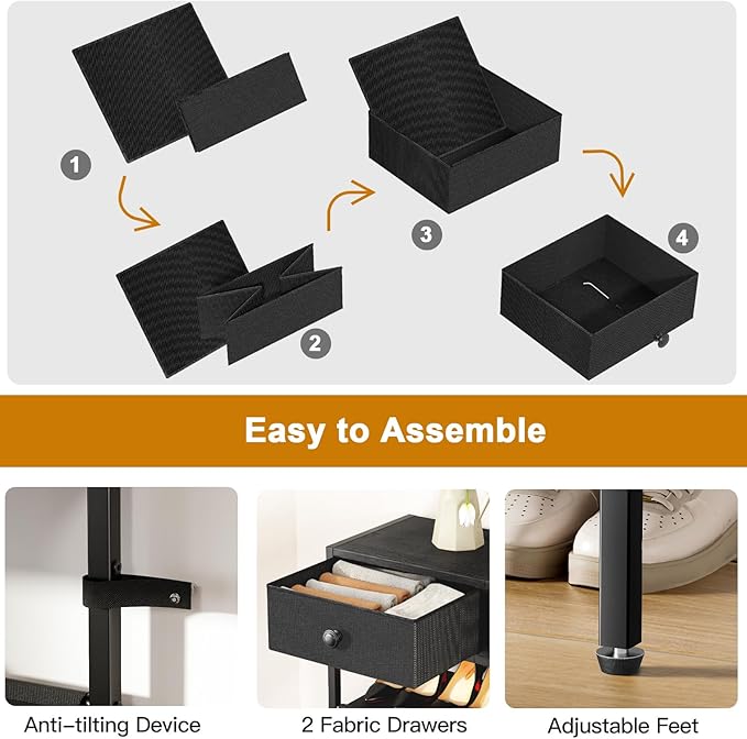 Shoe Rack, 5 Tier Shoe Organizer with 2 Drawers, Metal Shoe Storage for 16-20 Pairs of Shoes with Fabric Shelves and Wooden Top, Narrow Shoe Shelf for Closet Entryway Black-NeatNest