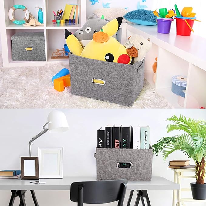 Large Linen Fabric Foldable Storage Bins with Removable Lid and Handles, Washable Storage Box Organizer Containers Baskets Cube with Cover for Bedroom,Office(Black, Medium)-NeatNest