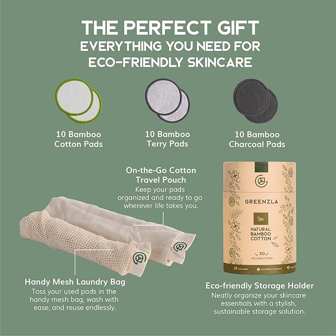 Greenzla Reusable Makeup Remover Pads, Washable Bamboo Cotton Rounds with Mesh Laundry Bag, Travel Pouch, Pad Holder - Reusable Cotton Rounds for All Skin Types - Perfect for Face Care, 30 Pack-NeatNest