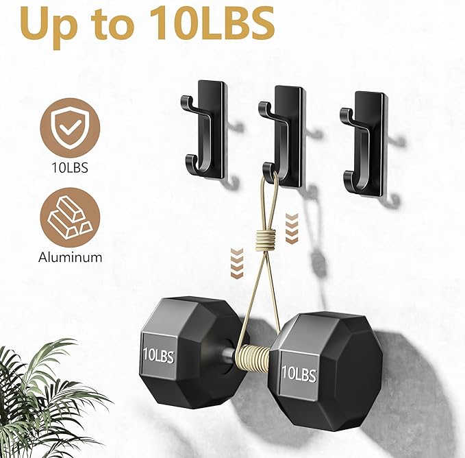 6 Pack Self Adhesive Wall Black Hooks - Sticky Hooks Wall Mount for Clothes, Towel, Robes, Keys, Purse, Backpack, Heavy Duty Hooks for Door Kitchen Bathroom Shower Rental Houses, Hold 10Lbs.