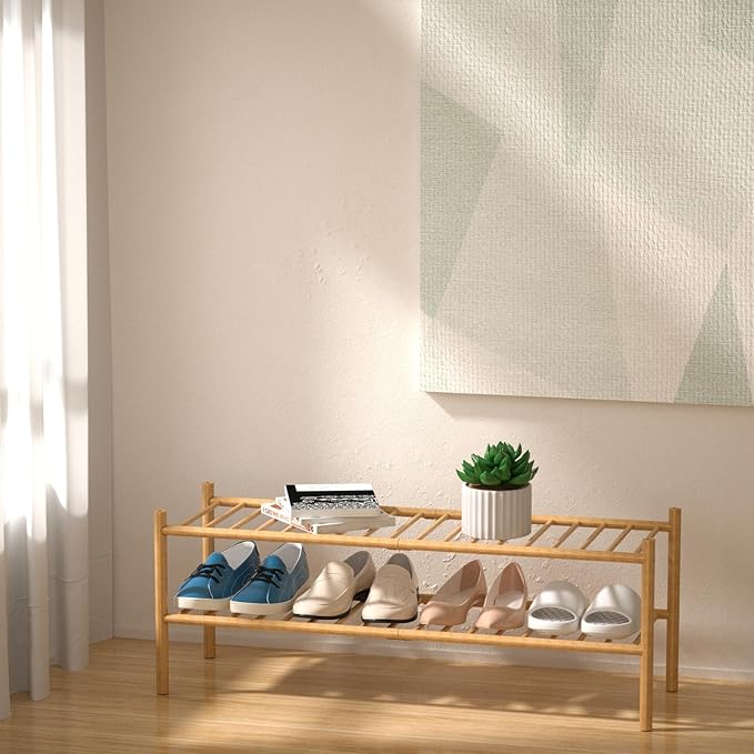 2-Tier Bamboo Long Shoe Rack, Free Standing Wood Shoe Shelf Storage Organizer for Closet Entryway Stackable 35"x11"x13" (Natural)-NeatNest