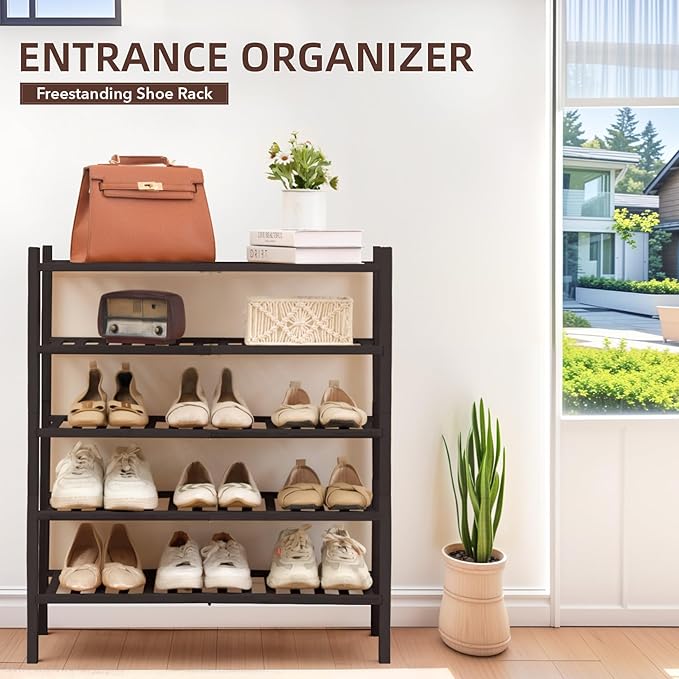 5 Tier Bamboo Shoe Rack Storage Organizer for Closet, Multifunctional Stackable Free Standing Shoe Shelf Organizer for Small Space,Entryway, Hallway, Bathroom27 x11 x32 (Brown, 5 Tier)-NeatNest