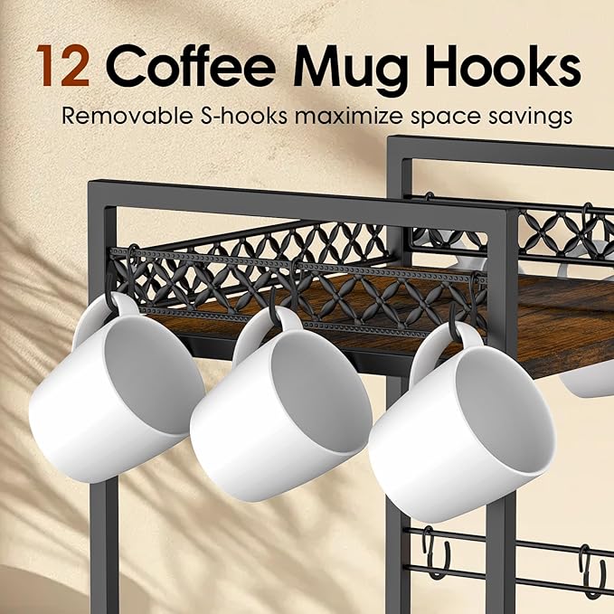 Coffee Bar Organizer Countertop, 2 Tier Mug Cup Holder Stand with 12 Hooks, 30 K Cup Coffee Pod Drawer with Mug Rack, Multifunctional Shelf Organizer for Accessories Station Kitchen (Brown)-NeatNest