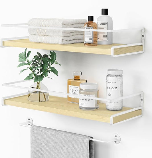 Forbena Floating Shelves for Wall with Rail, White and Natural Wood Nursery Book Shelves for Baby Girls Boys Kids Room Bedroom, Hanging Bookshelves Wall Mounted for Books, Toys, Bathroom (Set of 2)-NeatNest