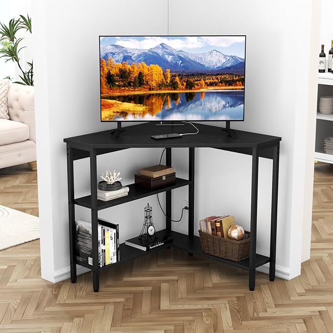 Corner Desk with Outlets & USB Ports, 90 Degree Triangle Corner Table with CPU Stand & Storage Shelves for Small Space, Computer Table with Charging Station for Home Office Bedroom (Black)-NeatNest
