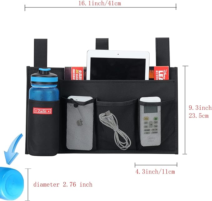 Hanging Bedside Caddy, Bedside Storage Organizer for Magazine, Phone, Remote control (5 Pockets-Black)-NeatNest