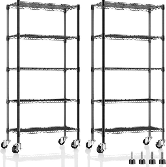 2 Pack 5 Tier Shelving Unit Wire Rack, Heavy Duty Adjustable Shelf Rolling Storage Shelves with Wheels, 14" D x 30" W x 60" H 750 lbs Capacity Kitchen Garage Pantry Shelves for Small Spaces