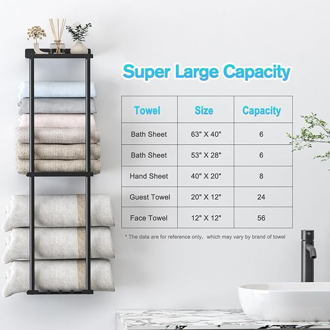 Towel Rack for Bathroom, Wall Mounted Vertical Rolled Towel Storage Organizer Holder with Shelf, Holds Up 6 Large Bath Sheets, Black