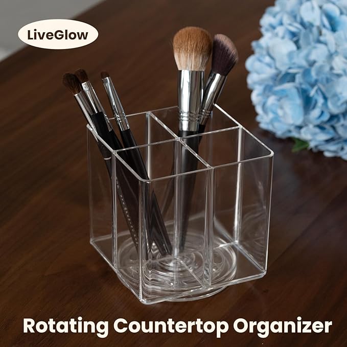Clear Makeup Brush Holder,Acrylic Rotating 360°Makeup Brush Organizer,Pen holder with 4 Grids,Makeup Holder for Courtup,Containers for Desk,2pc-NeatNest