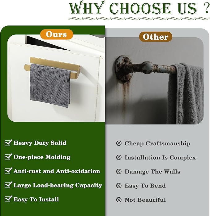 Alise Hand Towel Holder Self Adhesive Towel Bar Towel Hanger for Bathroom Wall,SUS304 Stainless Steel Brushed Gold Towel Rack Towel Ring for Kitchen Cabinet Glass Door Wash Basin Side,No Drilling