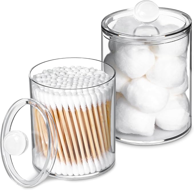 2 PACK Qtip Holder-10 oz, 12 oz, Qtip Holder Dispenser for Bathroom Canister Storage Organization, Vanity Makeup Organizer, for Cotton Swabs, Balls, Pads, Floss Picks(Clear)