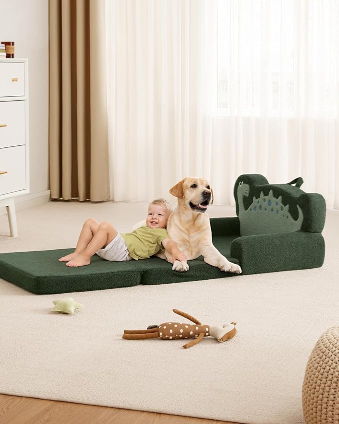 Blissful Diary Kids Couch, 2-in-1 Soft Toddler Couch Fold Out, Toddler Chair Comfy, Convertible Sofa to Lounger, Kids Furniture for Playroom, Gift for Birthday, Children's Day, Green Dinosaur-NeatNest