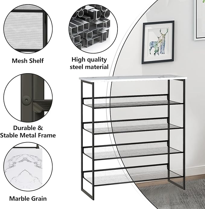 Garden 4 you 5 Tiers Shoe Rack,Multi-Purpose Adjustable Flat and Slant White Marble Freestanding Organizer Storage Rack Shoe Shelf, High Heels Potted Plant for Entryway Hallway Living Room Closet-NeatNest