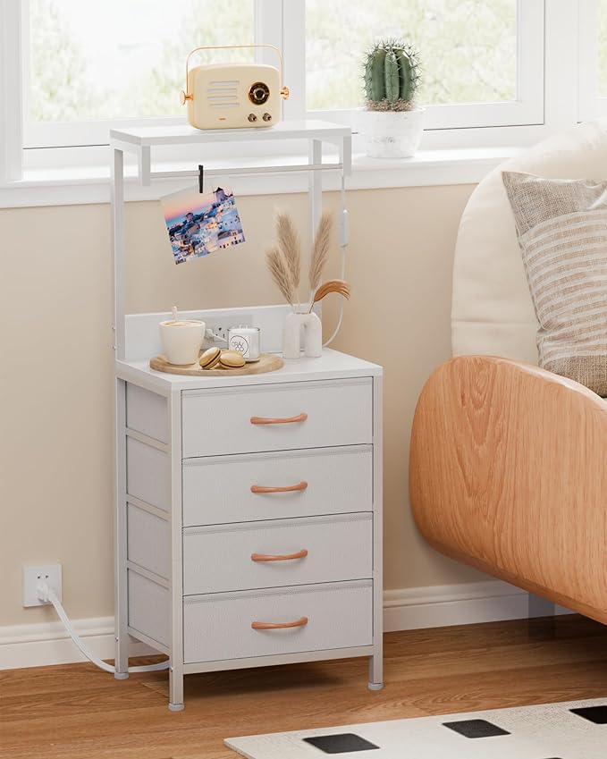 Furnulem Nightstand, White Tall Night Stand with Charging Station and LED Lights, Bedside Table for Bedroom, Office, Hallway, 4 Fabric Drawers, Metal Frame, Wood Shelves
