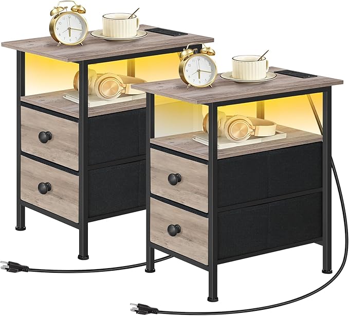 HOOBRO Narrow Side Table Set 2 with LED Light and USB C Port, Night Stand with Charging Station, Skinny End Table with 2 Fabric Drawers, for Bedroom, Living Room, Greige and Black BG486UDBZP201
