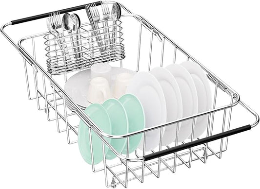 Dish Drainer Rack in Sink Adjustable, Expandable 304 Stainless Steel Metal Dish Drying Rack Organizer with Stainless Steel Utensil Holder Over Inside Sink Counter, Rustproof