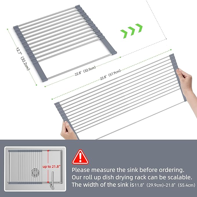 BBXTYLY Expandable Roll Up Dish Drying Rack Up to 22.8''with 2 Storage Baskets,Over The Sink Kitchen Rolling up Dish Drainer Drying Rack, Foldable,Rollable,for Kitchen Dishes(Expandable Width Size)