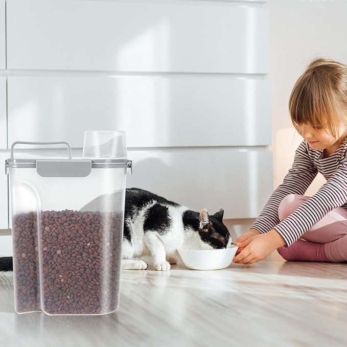 5-7Lbs Dog Cat Food Storage Container with Upgraded Large Nozzle BPA-free, 4 Snap Seals Plastic Pet Food Storage Containers with Handles (2, Light Gray, 5L)-NeatNest