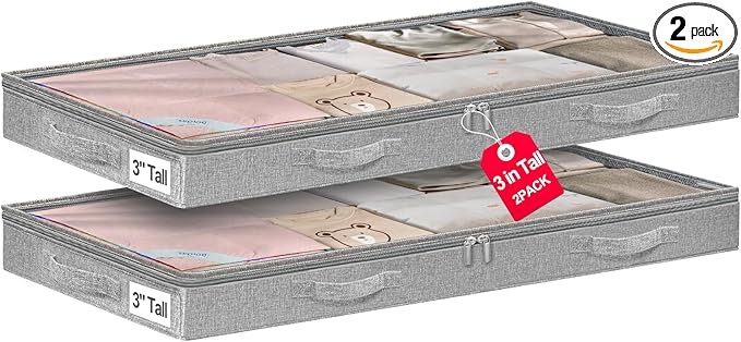 3 Inch Low Profile Under Bed Storage Bins with NO STURCTURE Design, Shallow Clothes Storage Bags with Clear Lids & Waterproof Fabric, 2-Pack, Grey – Fits Under Sofa, Couch, Dorm, or College Beds-NeatNest