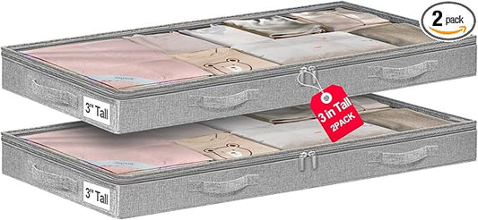 3 Inch Low Profile Under Bed Storage Bins with NO STURCTURE Design, Shallow Clothes Storage Bags with Clear Lids & Waterproof Fabric, 2-Pack, Grey – Fits Under Sofa, Couch, Dorm, or College Beds-NeatNest