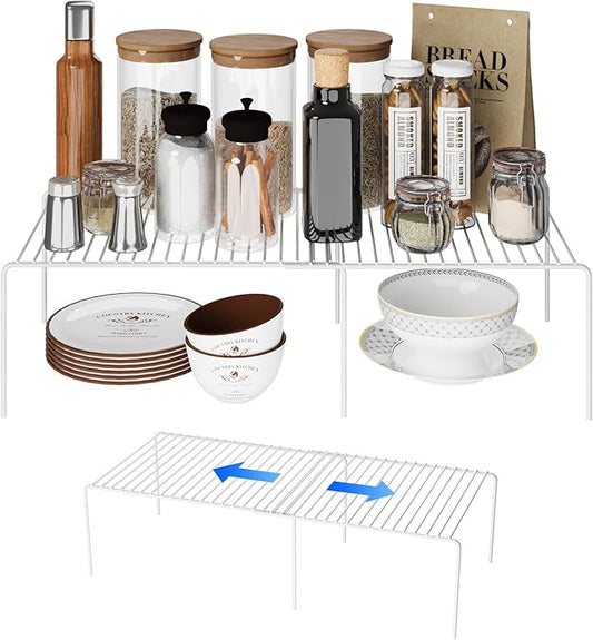 Expandable Storage Shelf, Pantry Organizers and Storage, Adjustable Rustproof Metal Wire Spice Rack, Space Saver Kitchen Storage Shelves for Pan, Pot, Countertop, Drawer, Fridge, Set of 2, White-NeatNest