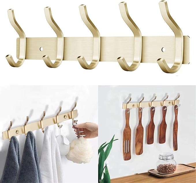 AZW Coat Rack Wall Mount,Heavy Duty Stainless Steel Metal Coat Hooks Hanging for Robes Bags Keys Hat Clothes and Bathroom Door Towels Hanger(Brusshed Brass Gold 5 Hooks)-NeatNest