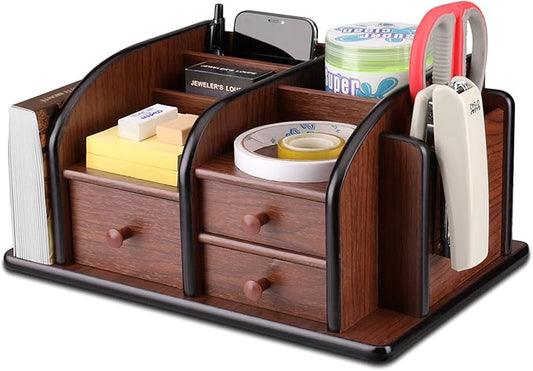 Flexzion Wooden Desk Organizer w/Drawers - Classic Wood Office Supplies Accessories Desktop Tabletop Sorter Shelf Rack Cherry Brown Pencil Holder Caddy Set with 3 Drawers, 3 Compartments & 2 Shelves-NeatNest