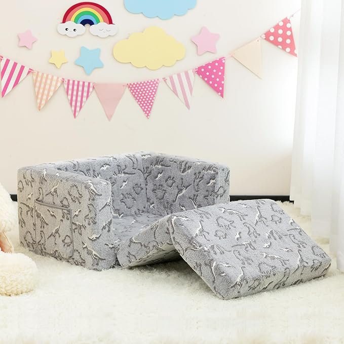 ALIMORDEN 2-in-1 Flip Out Cuddly Sherpa Toddler Couch, Convertible Sofa to Lounger, Glow in The Dark,Dinosaurs-NeatNest