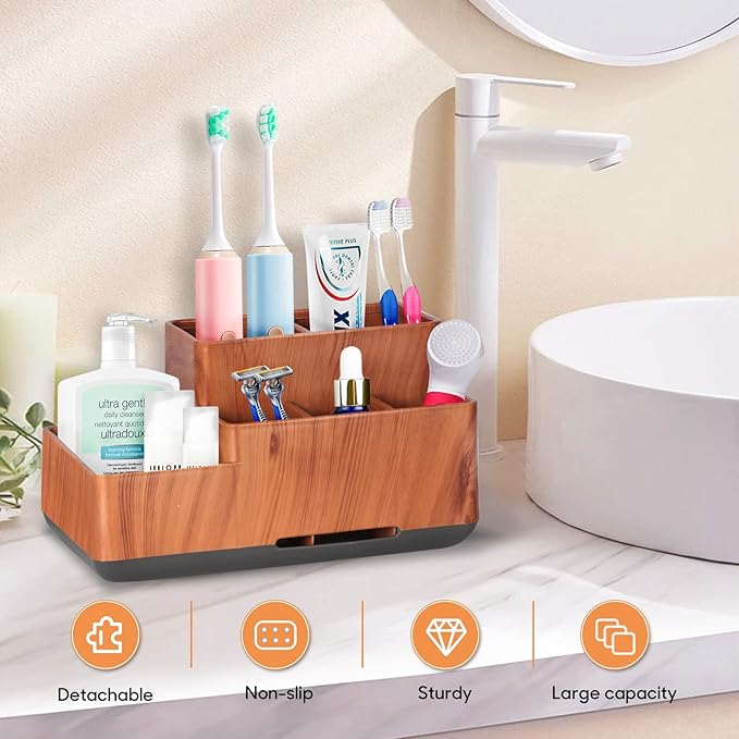 Toothbrush Holder,Bathroom Organizer Countertop, 5 Compartments Multifunctional Storage for Cosmetic, Makeup, Office Stationery Pencil,Toothpaste, Toothbrush,Ideal Gift for Home, Office（Bule）
