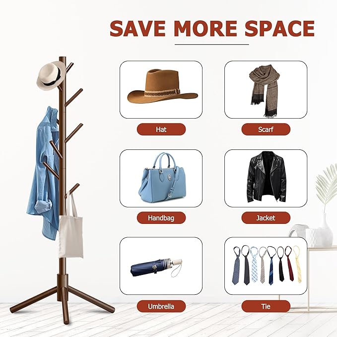 Wooden Coat Rack, Free Standing Coat Rack with 8 Hooks 3 Adjustable Heights for Clothes, Hats, Handbags, Coat Tree Easy Assembly for Entryway, Bedroom, Hallway, Office (New Brown)-NeatNest