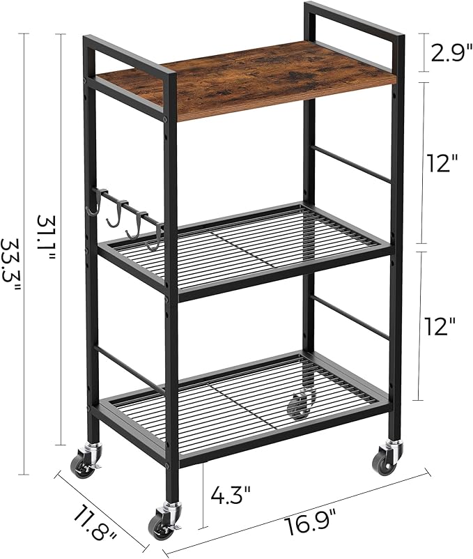 3-Tier Metal Storage Rack with Industrial Wheels,Mesh Shelving Unit with Wooden Table top,Adjustable Shelf,16.9-Inch Width,for Kitchen,Laundry,Pantry,Plant,Black