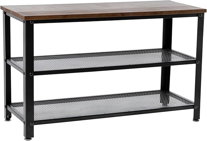 HBCY Creations Rustic Brown Solid Pine Wood 3-Tier Entryway Shoe Rack Bench with Metal Mesh Shelves, for Entryway, Mudroom, or Bedroom, and More!-NeatNest