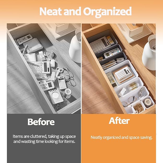 8 Pcs Desk Drawer Organizers, 3 Size Plastic Vanity and Bathroom Drawer Organizer Trays, Storage Bins for Makeup, Utensils, Jewelries, Office and Kitchen (White)-NeatNest