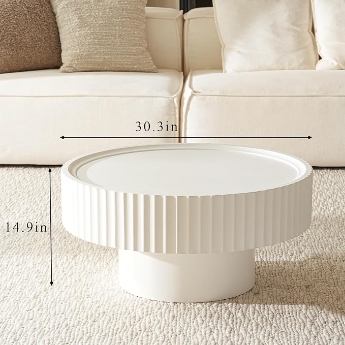 Round Wood Coffee Table - Wooden, Ribbed-Design, 30.3" Dia, 14.9" H - Simple Modern Style for Home Living Room Furniture (White Table)