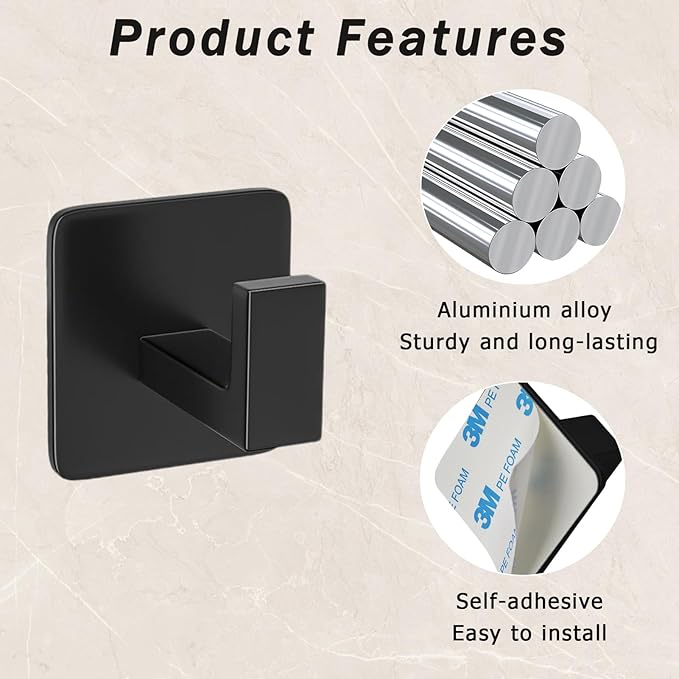 4 Pack Square Self Adhesive Towel Hooks, Matte Black Bath Towel Hook No Drilling Bathroom Towel Hook Aluminum Heavy Duty Wall Hooks for Bathroom Bedroom Kitchen (2 Inch,Matte Black)