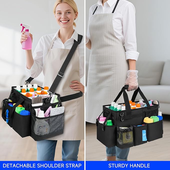 Cleaning Caddy Bag, Large Cleaning Supplies Organizer for Housekeepers, Housekeeping Caddy with Handle and Detachable Padded Cushion, Black-NeatNest