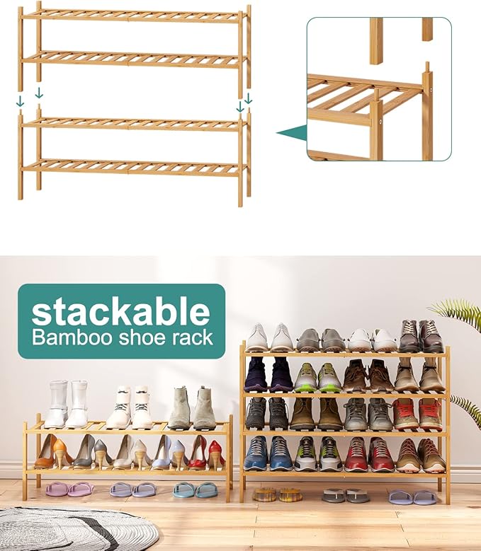2-Tier Long Shoe Rack for Entryway, Black Bamboo Wood Shoe Rack for Closet & Hallway, Long 33IN | Beautiful | Functional | Sturdy | Durable-NeatNest